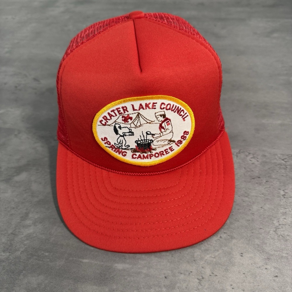 Vintage 80s Boy Scouts Of America Snapback Hat Red Trucker 1988 Crater Lake OR